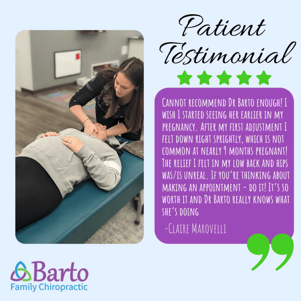 Pregnant woman receiving a gentle chiropractic adjustment from Dr. Barto, expressing her testimonial about the benefits of prenatal care.