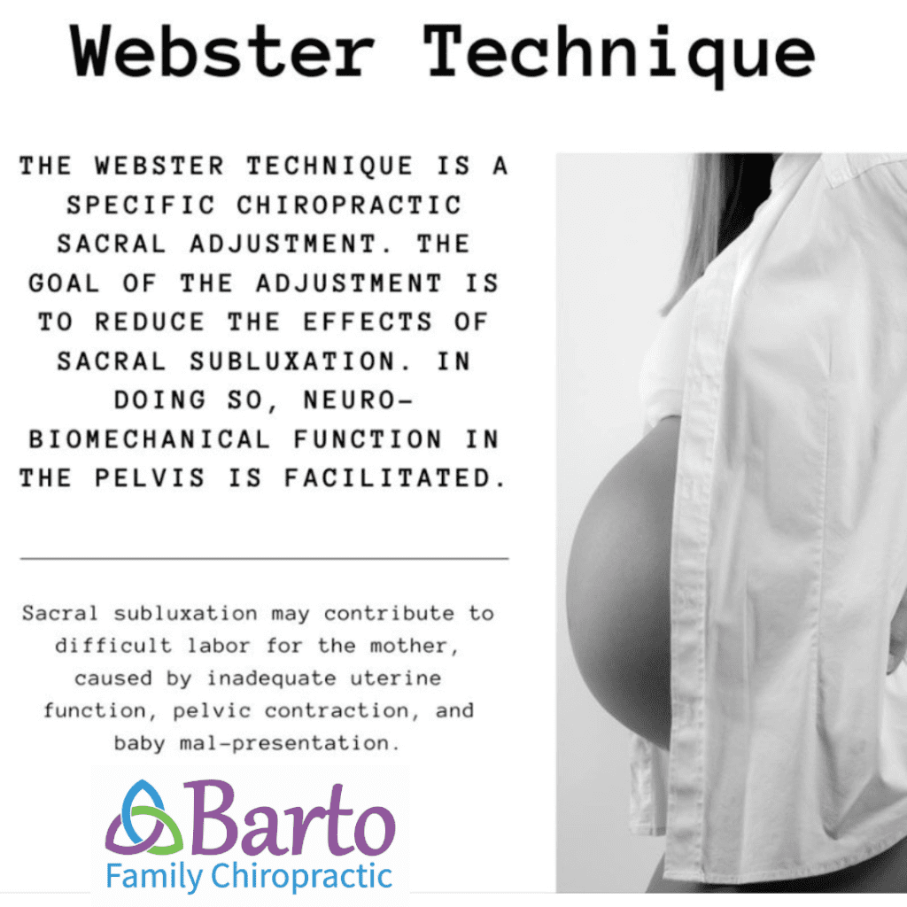 The Webster technique is a chiropractic for pregnant woman, gently adjusting her pelvis to optimize alignment and improve comfort during pregnancy.